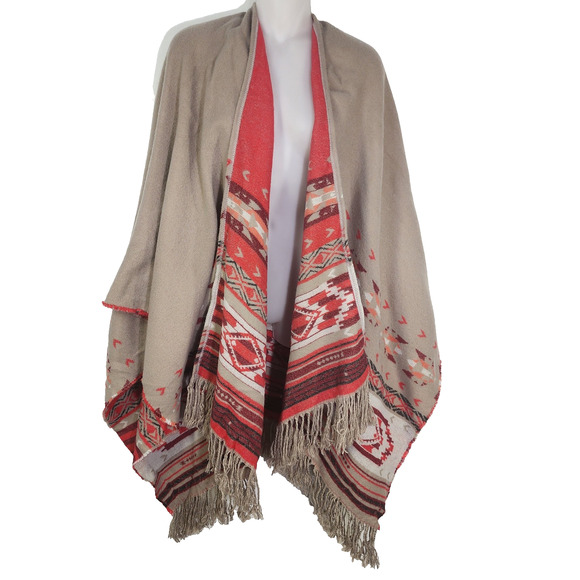 American Eagle Poncho Sweater One Size Aztec Western Open Front Fringe Kimono - Picture 1 of 13
